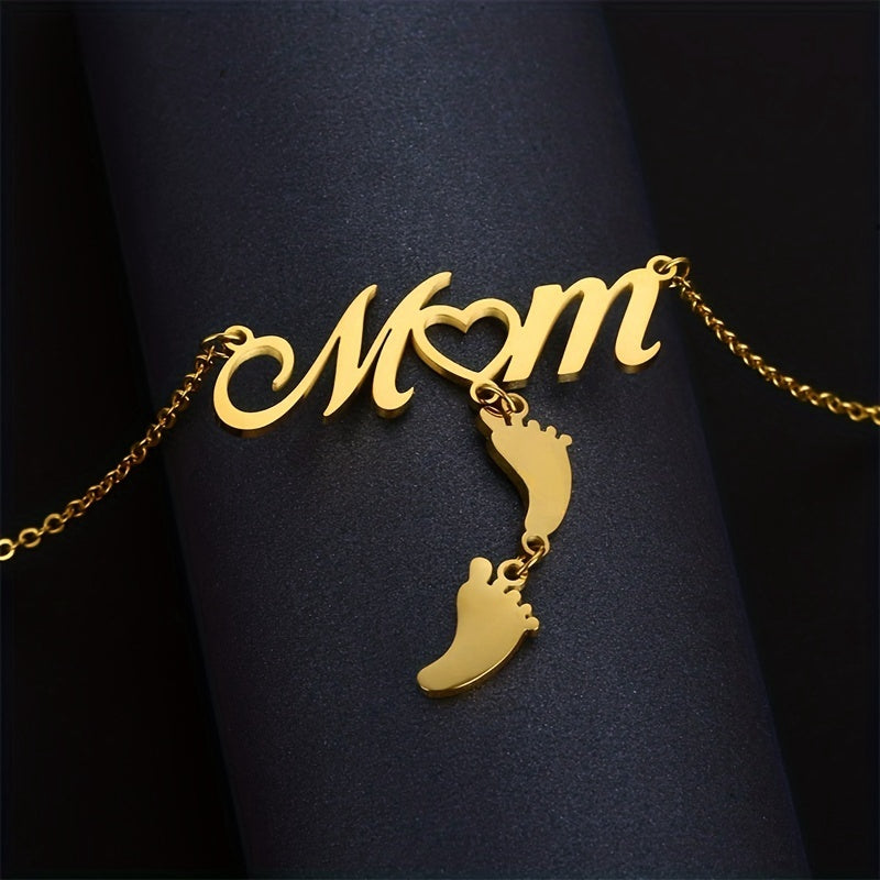 Stainless Steel 18k Gold Plated Footprint Pendant Necklace (mom)