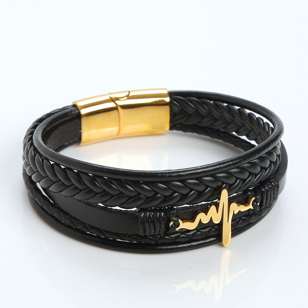 Retro EKG Stainless Steel PU Leather Men's Bracelet