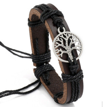 Woven Tree of Life leather bracelet with Pull Handle Rope