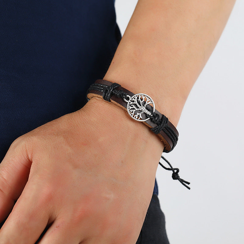 Woven Tree of Life leather bracelet with Pull Handle Rope