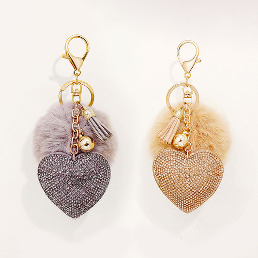 Bedazzled Heart Keychain w/Puff Ball