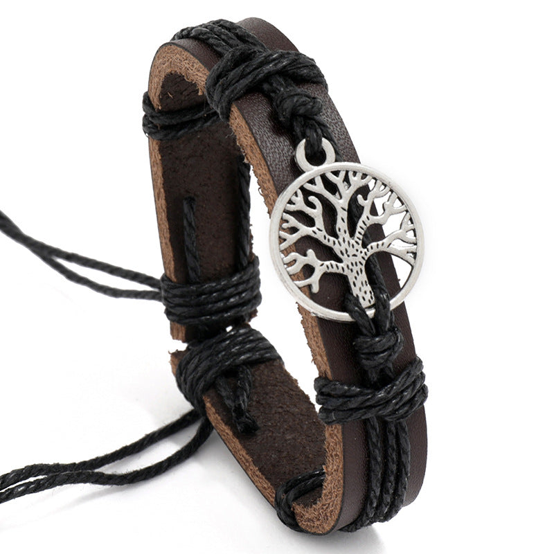 Woven Tree of Life leather bracelet with Pull Handle Rope