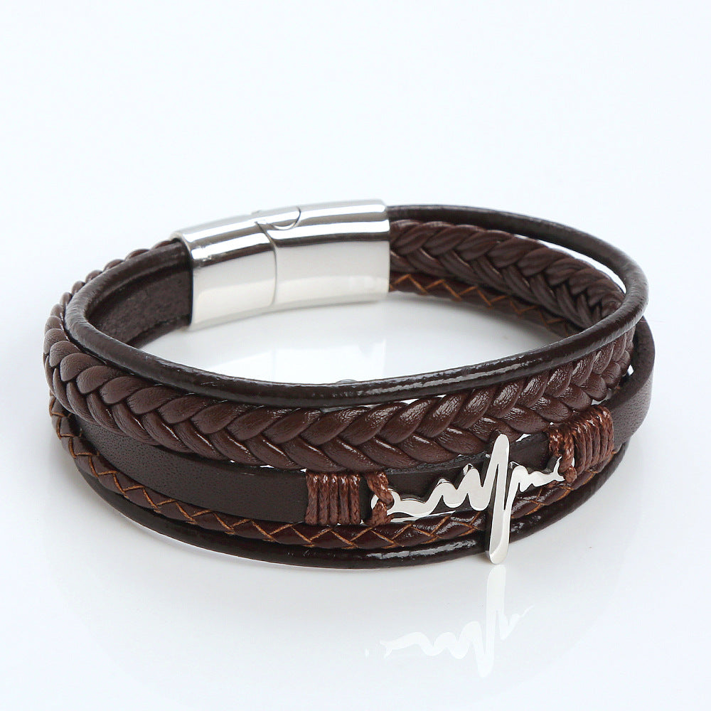 Retro EKG Stainless Steel PU Leather Men's Bracelet