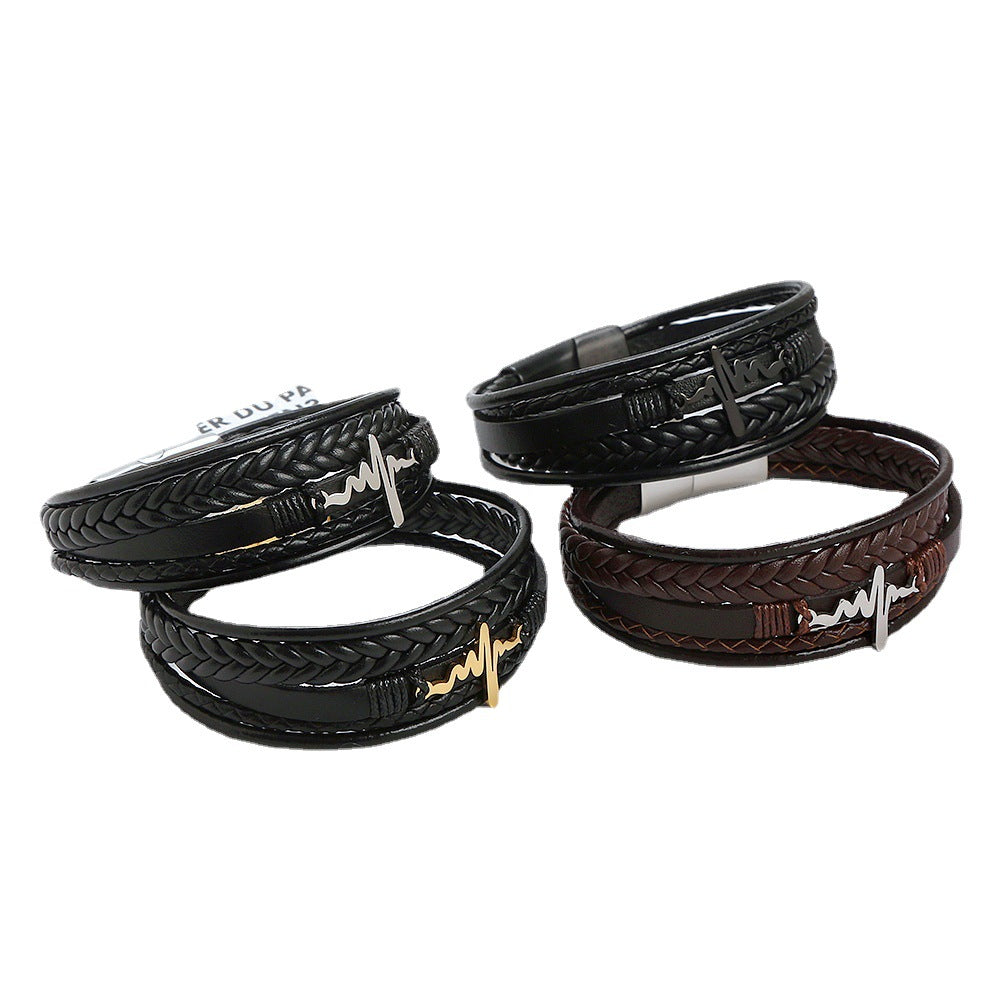 Retro EKG Stainless Steel PU Leather Men's Bracelet